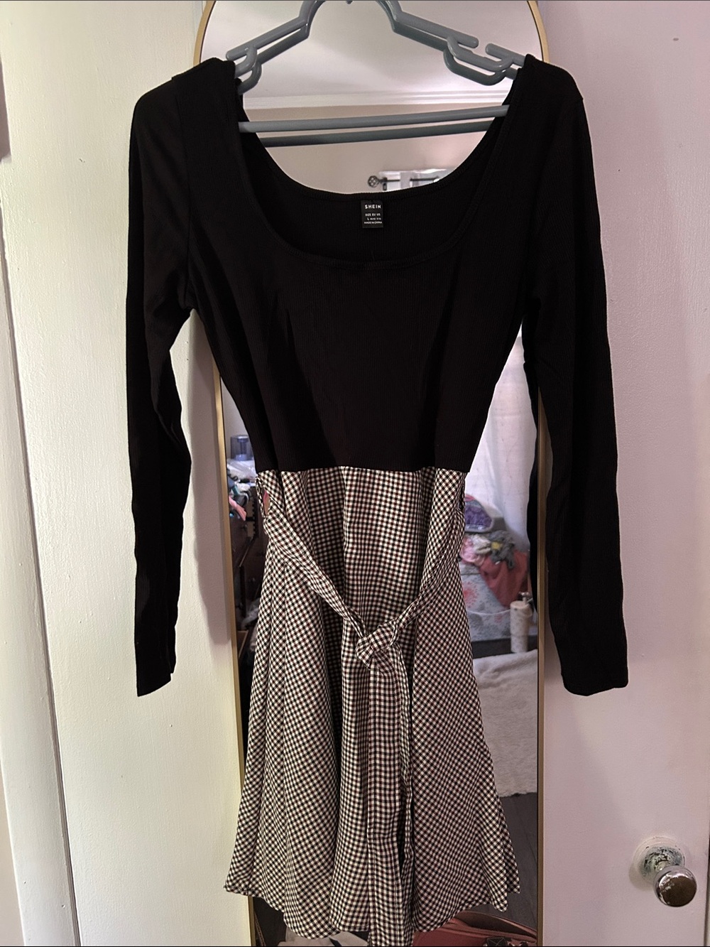 SHEIN Black Long-Sleeve Top with Black & White Gingham Skirt Dress